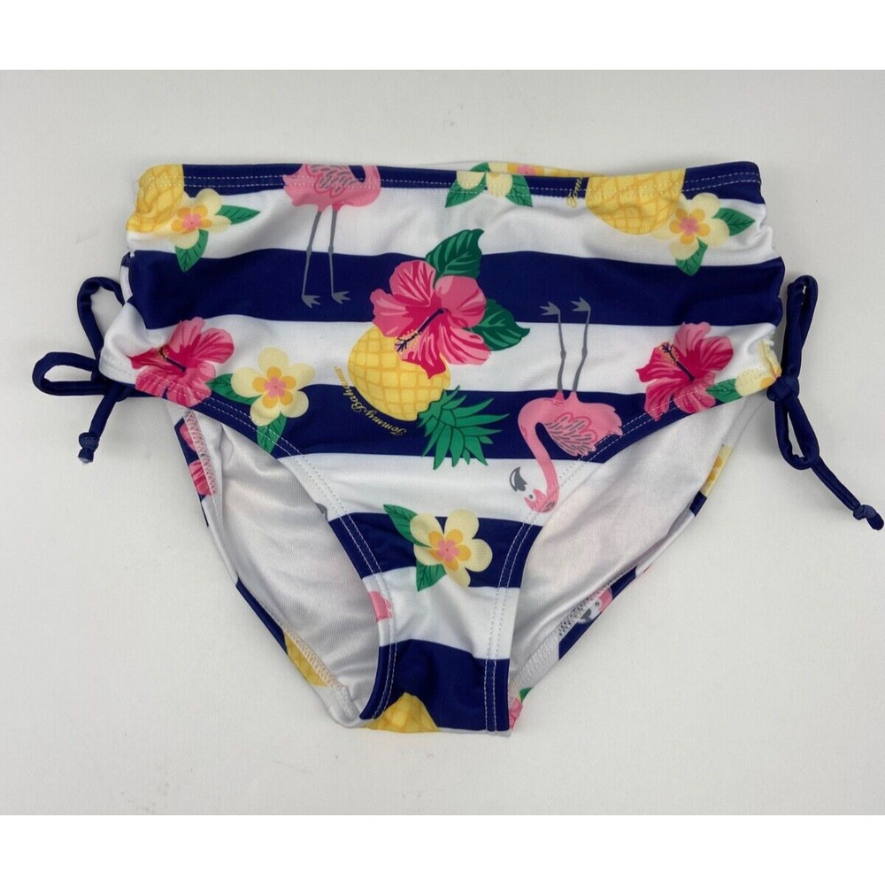 Tommy Bahama Swim Girls Sz 7/8 Bikini Bottom Navy Striped Flamingo Pineapple Tie